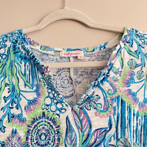 Fresh Produce Bright Print Top Coral Fish Sea Pattern Size XS Made in USA - Picture 2 of 9